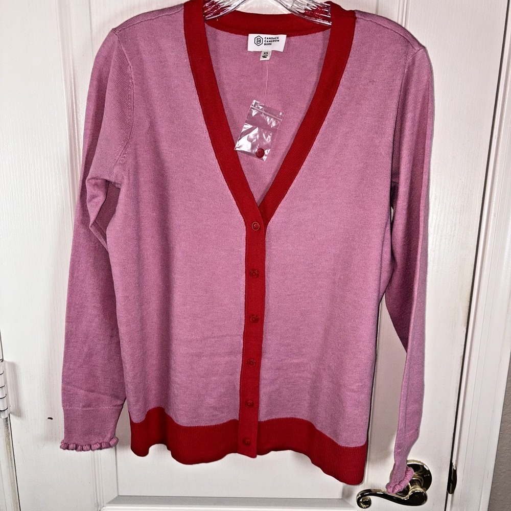 Candace Cameron Bure Pink Red V‎ Neck Button Up Cardigan Sweater XS Ruffle Cuff